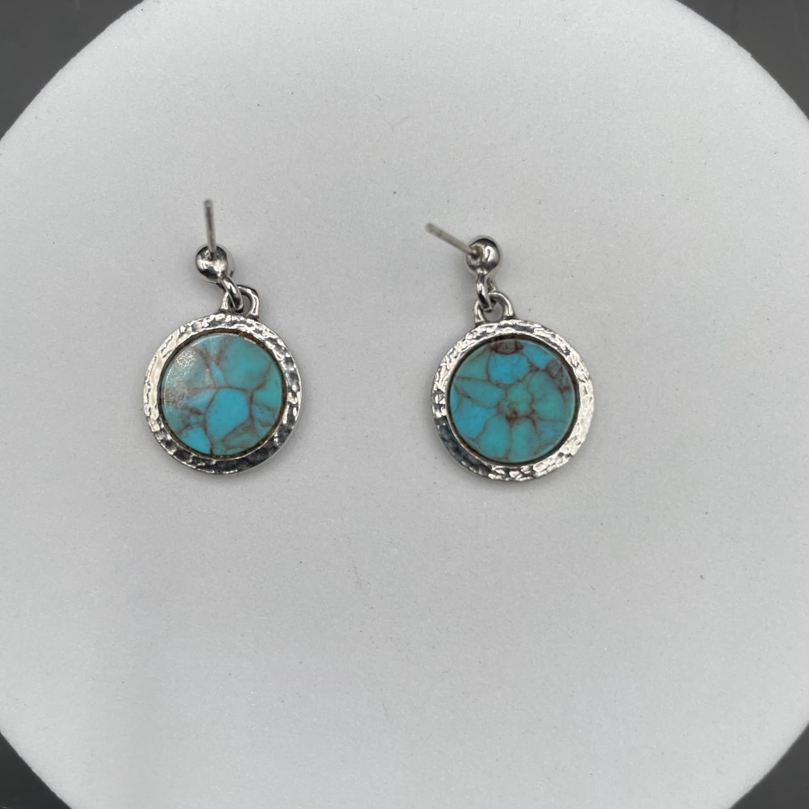 Vintage Artificial Turquoise Blue Moon Glass Silver-Tone Retro Dangle Earrings