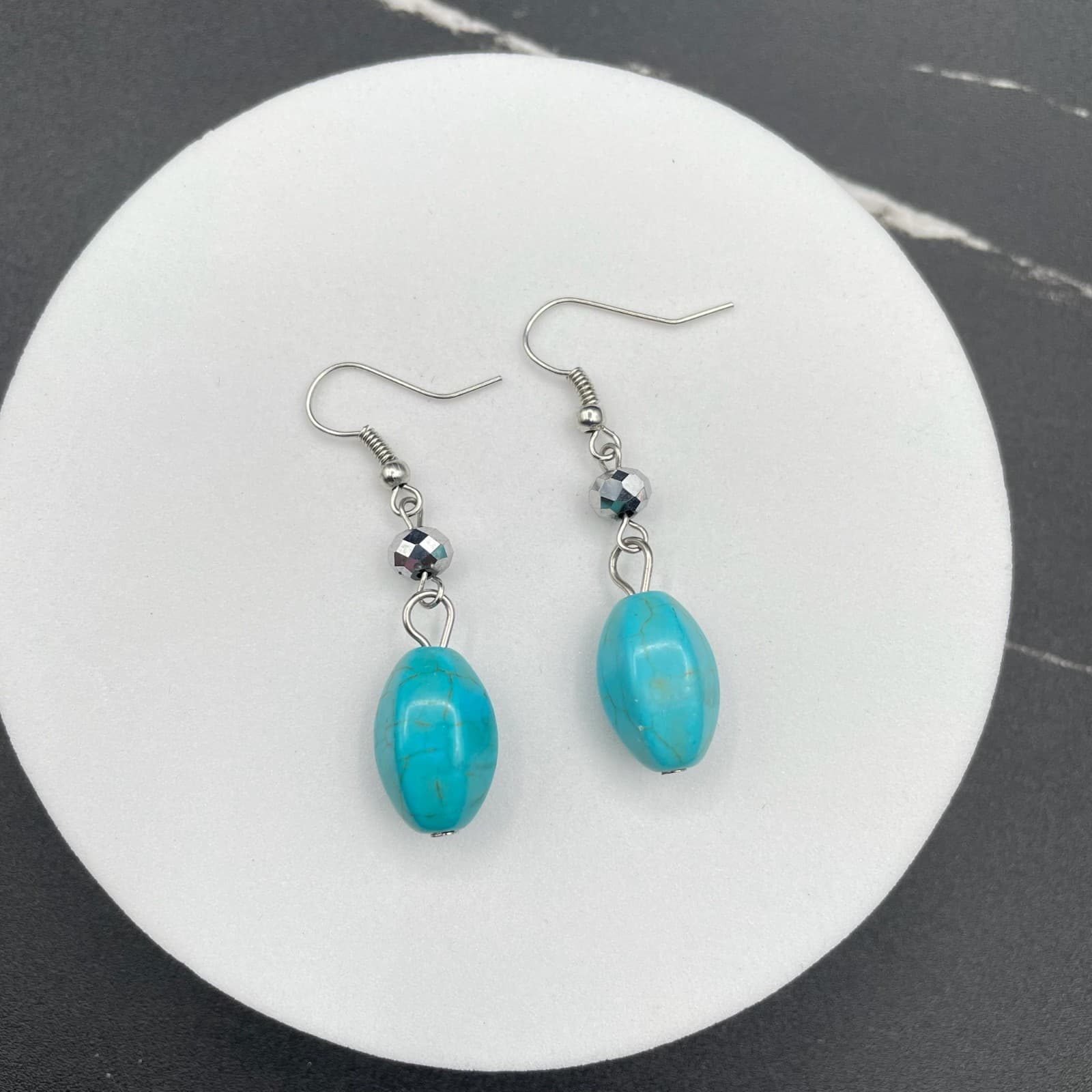 Vintage Fishhook Faceted Spacer Faux Turquoise Drop Earrings With Oval Shape