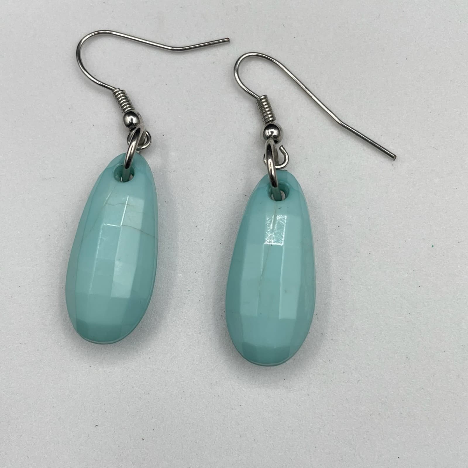 Vintage Blue Sea Foam Mint Opaque Sea Glass Silver-Tone Plastic Hook Earrings