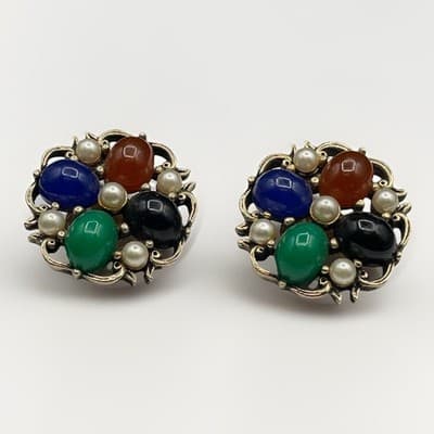 Vintage Multicolor Cabochon Cluster Clip-On Earrings Pearl Accents Retro