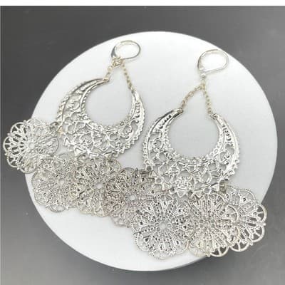 Chandelier Earrings Boho Crescent Medallion Style Silver Tone Statement