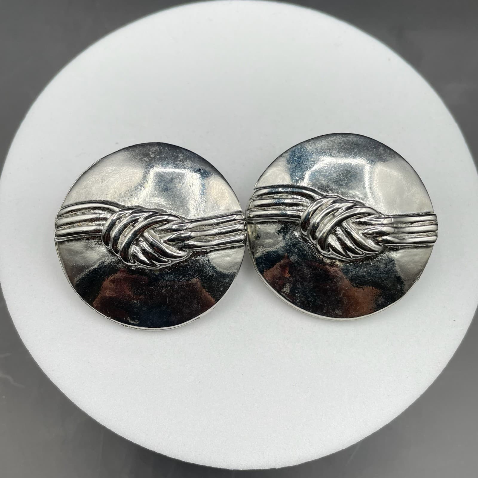 Silver-Tone Textured Knot Disc Stud Earrings Modern Minimalist