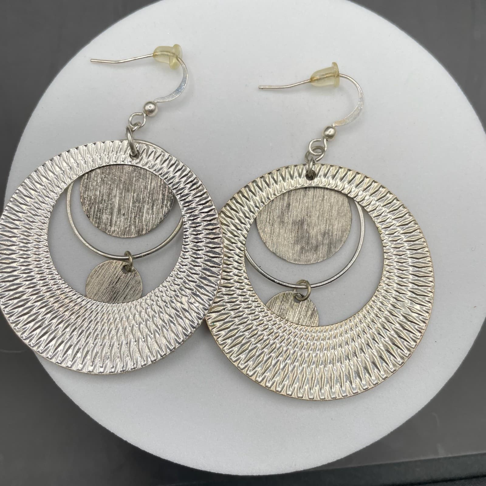 Silver-Tone Geometric Textured Circle Dangle Earrings Boho Statement