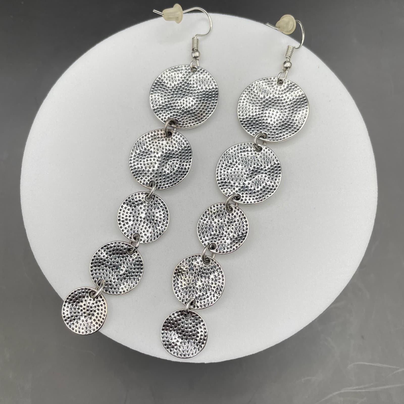 Silver-Tone Textured Disc Drop Earrings Boho Statement Dangle