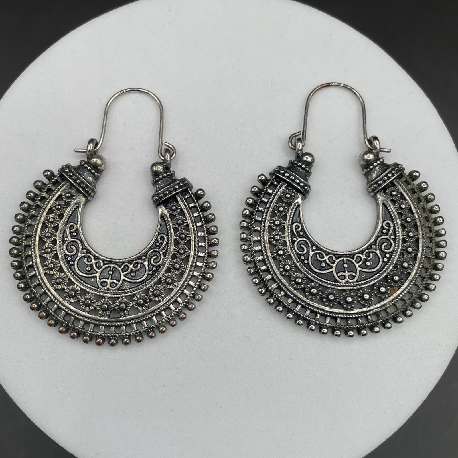 Boho Tribal Silver-Tone Crescent Earrings