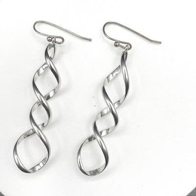 Silver Tone Twisted Ribbon Dangle Earrings Modern Minimalist Chic