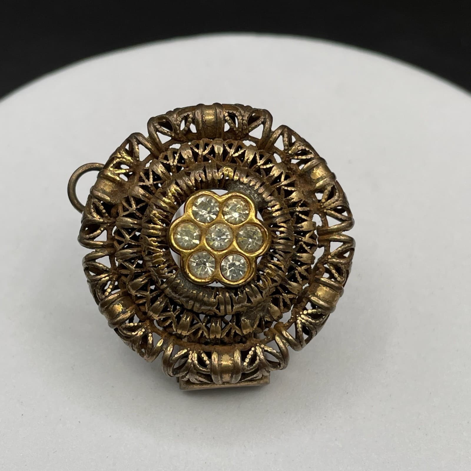 Vintage Filigree Rhinestone Flower Clip-On Pendant