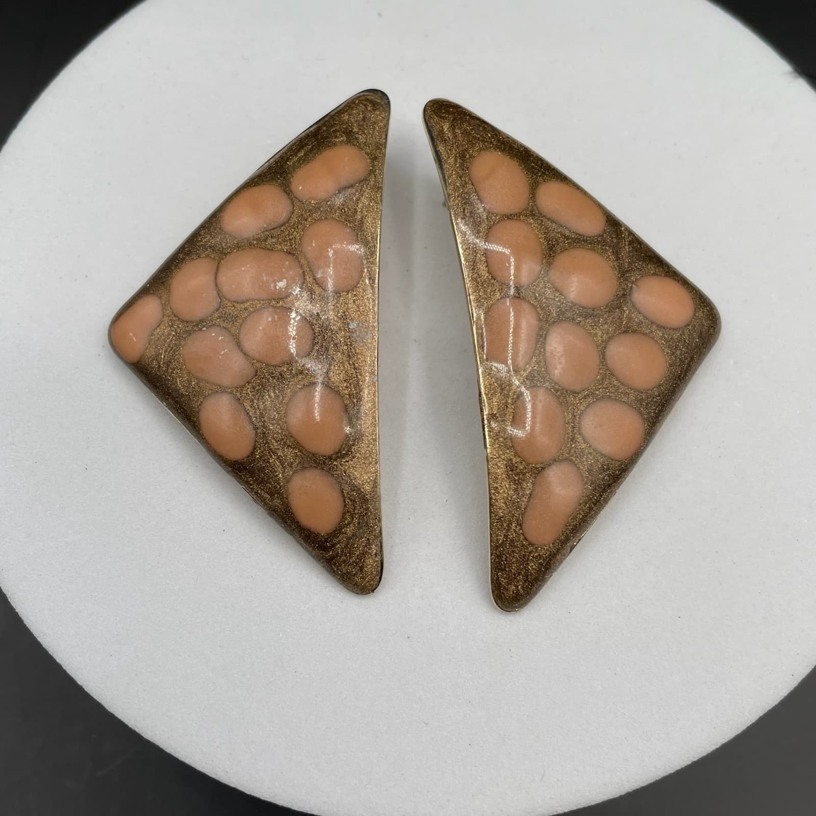 Vintage Enamel Triangle Earrings Bronze Peach Abstract Retro 80s Style