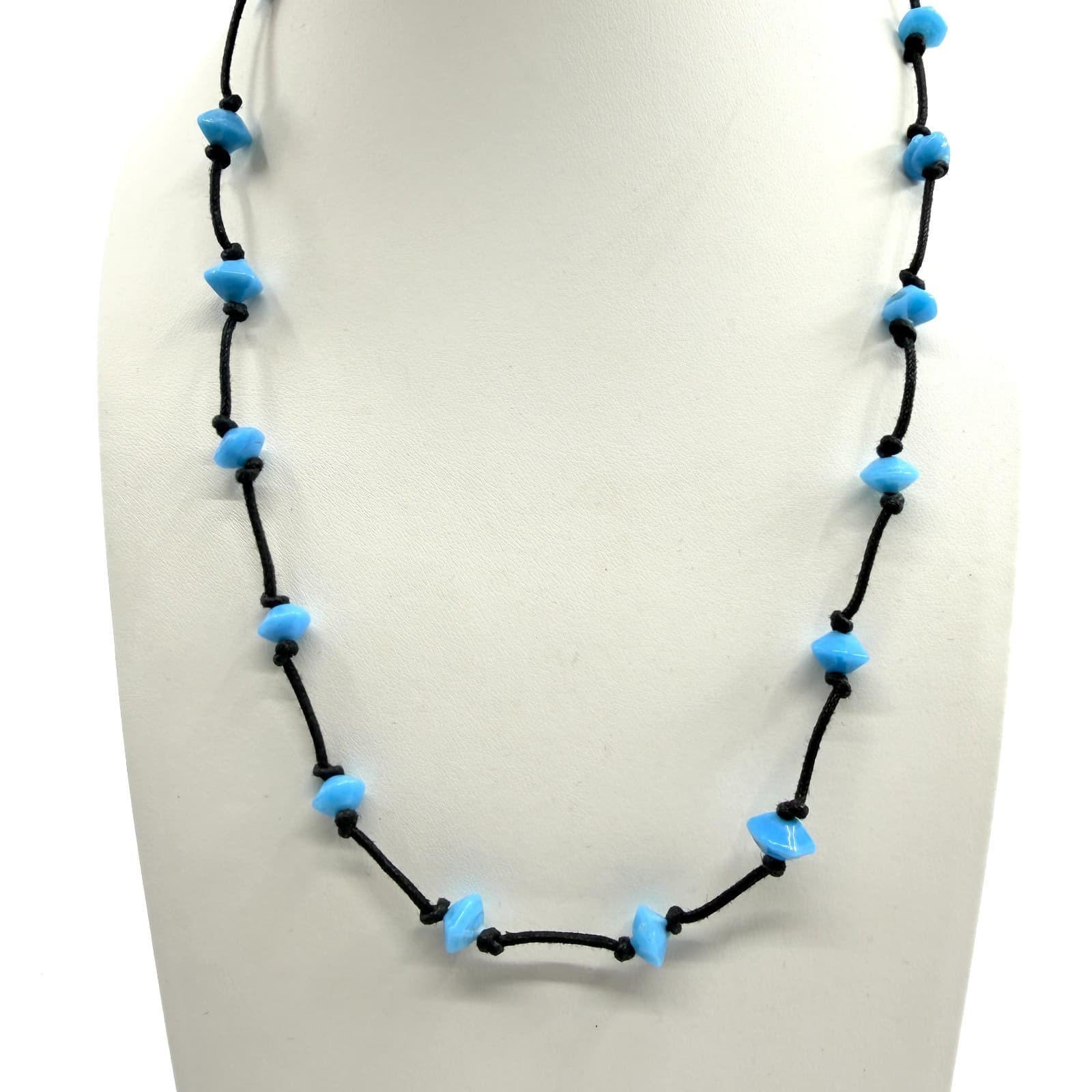 Vintage Black Cord Light Blue Bead Station Necklace Boho Retro Minimalist Y2K
