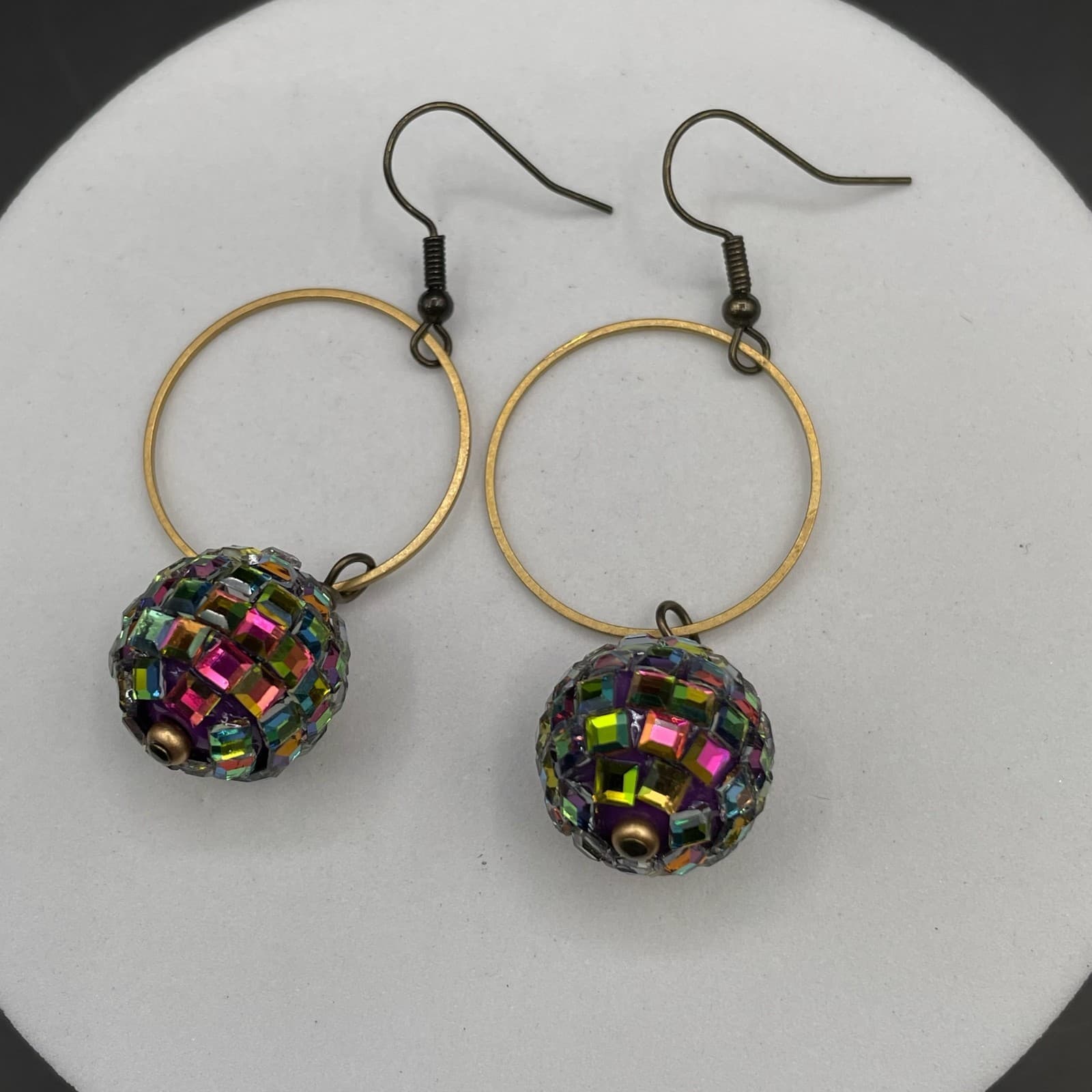 Boho Gold Hoop Earrings w/ Rainbow Mosaic Bead Disco Y2K Statement