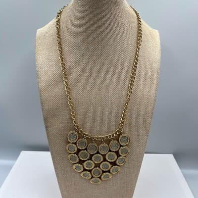Vintage Gold Tone Bib Necklace Glitter Medallion Tassel Chandelier Statement 24"