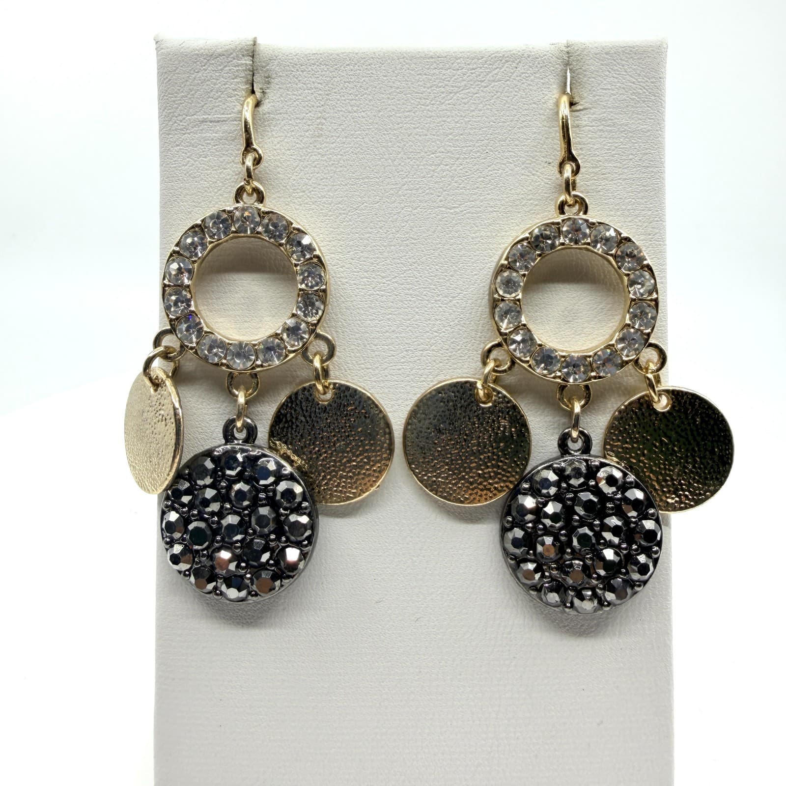Earrings Vintage Gold Tone Rhinestone Circle Drop Disc Dangle Boho Statement 90s