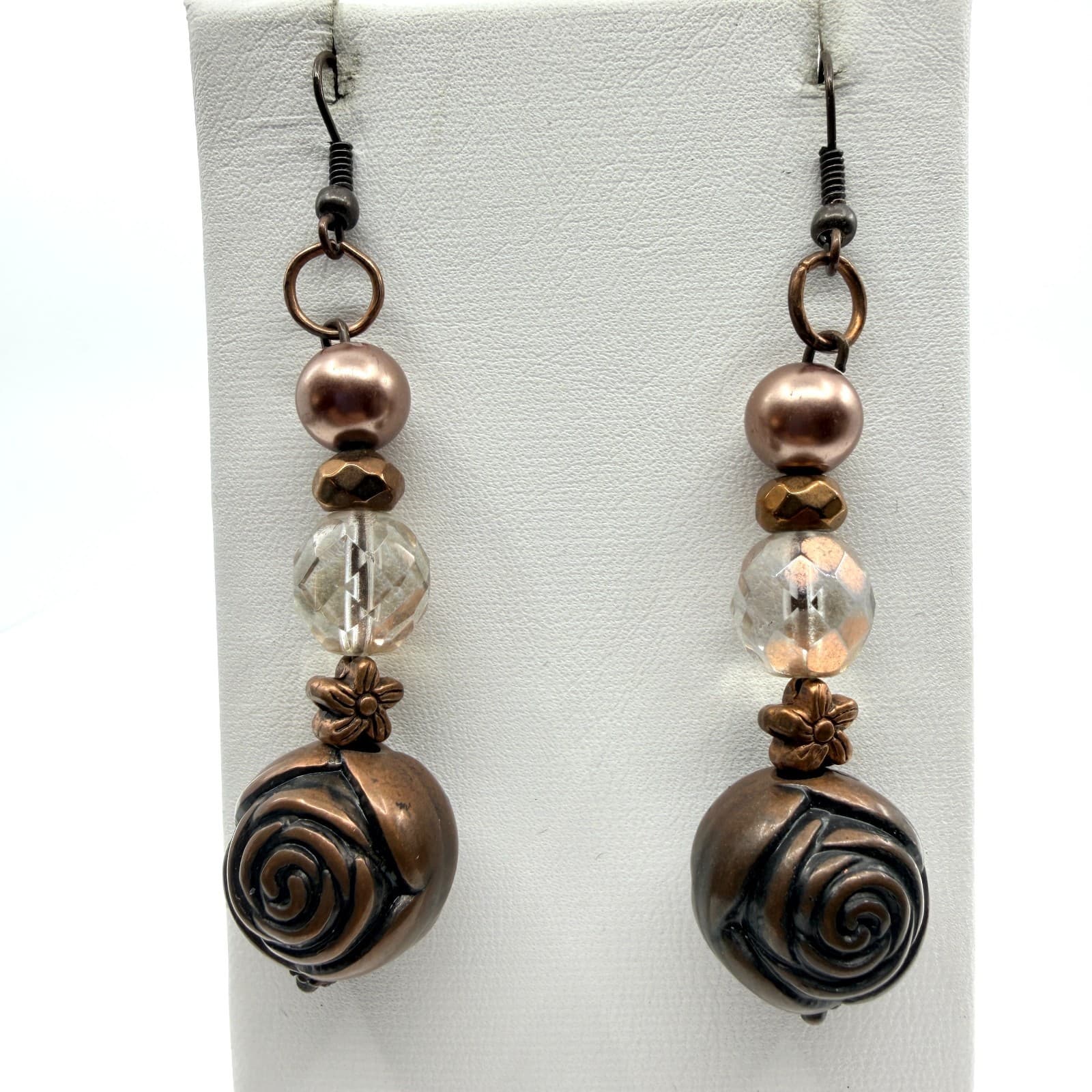 Earrings Vintage Copper Tone Dangle Bronze Faux Pearl Rose Bead Flower Boho 90s