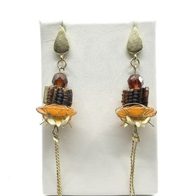 Earrings Vintage Gold Tone Dangle Amber Color Bead Long Tassel Fringe Boho 90s