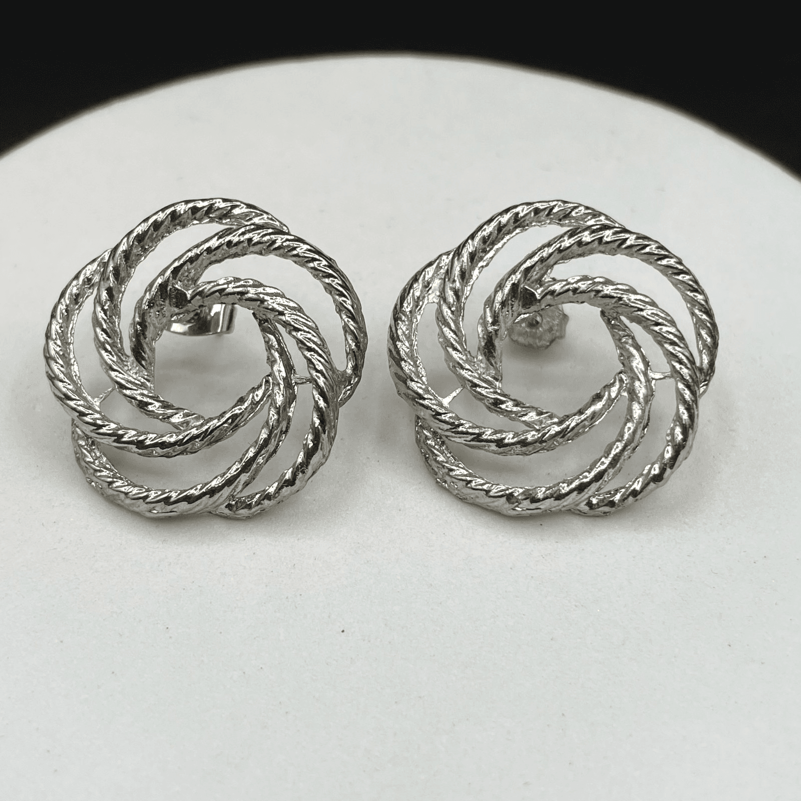 Silver Tone Rope Swirl Stud Earrings Vintage Classic Style