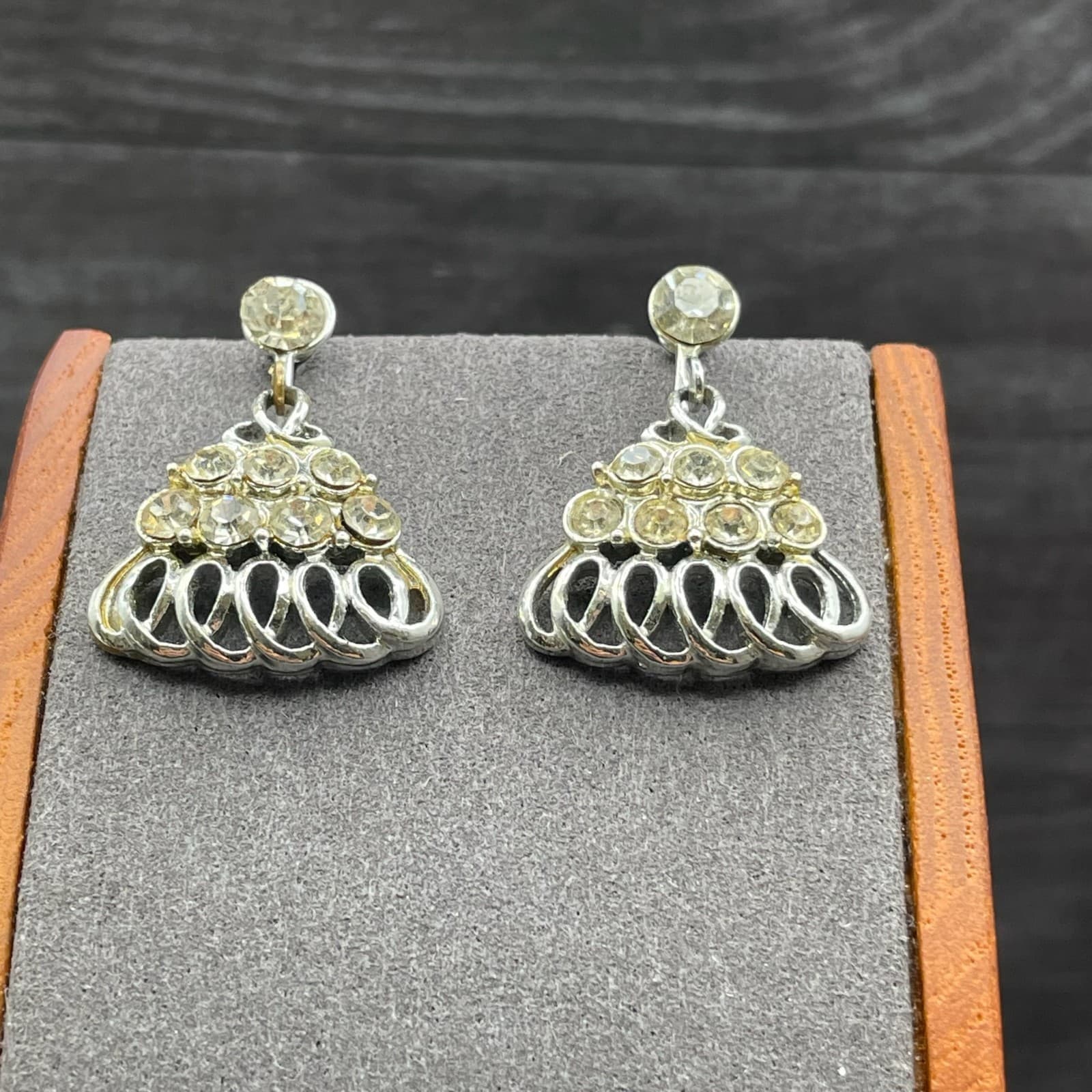 Silver Tone Rhinestone Loop Fan Dangle Earrings Vintage Glam