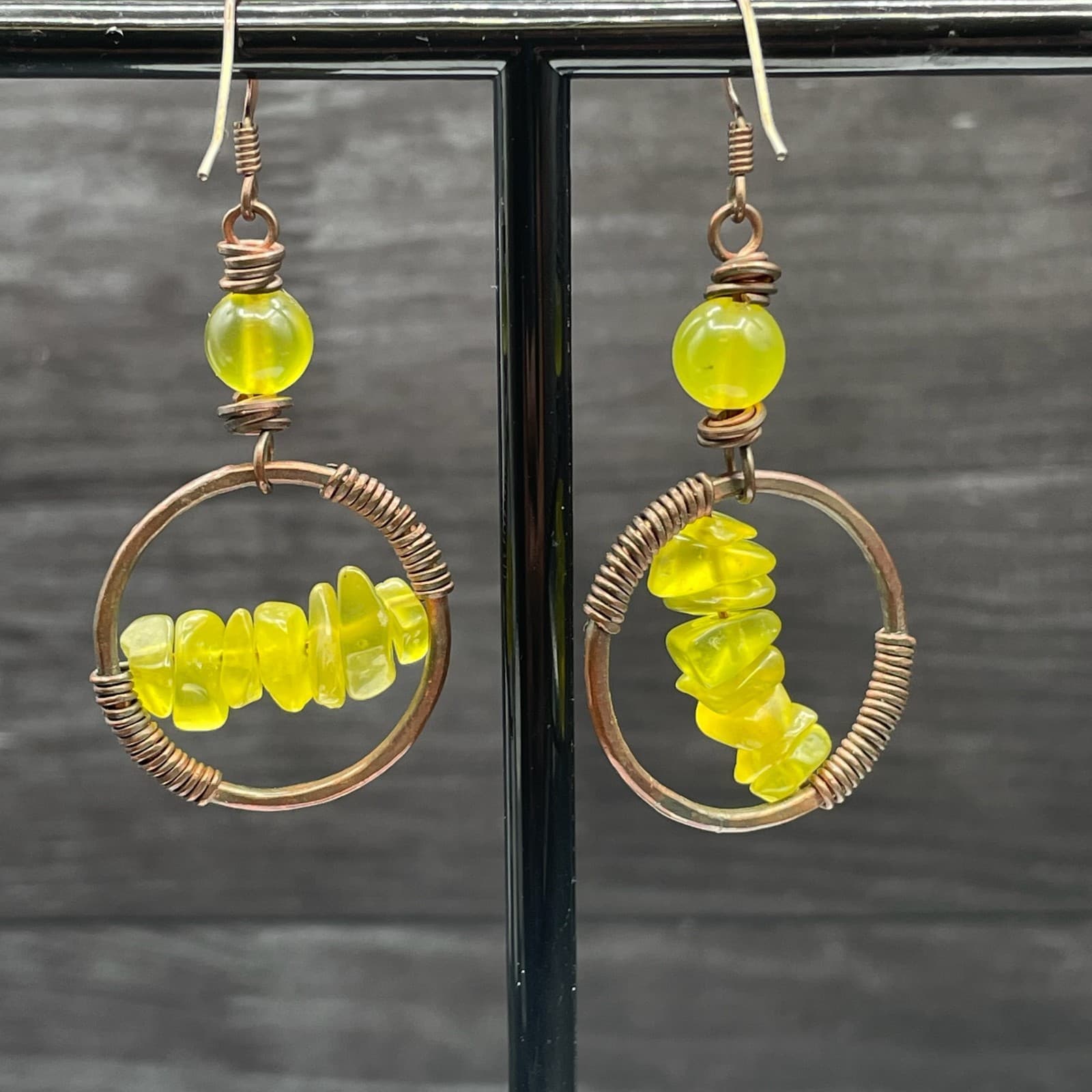 Handcrafted Yellow Chip Bead Copper Hoop Earrings Boho Artisan Style