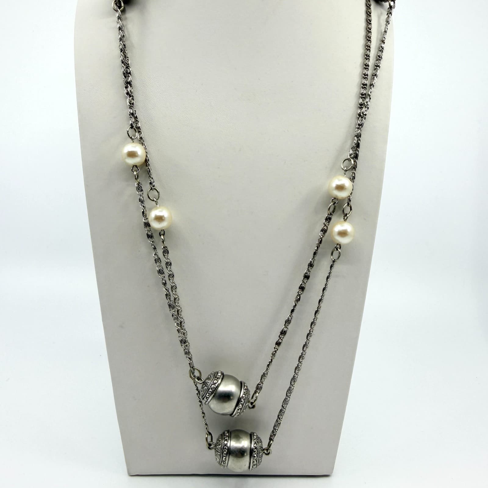 Vintage Silver Tone Multi Strand Chain Necklace Faux Pearl Accent Statement 90s