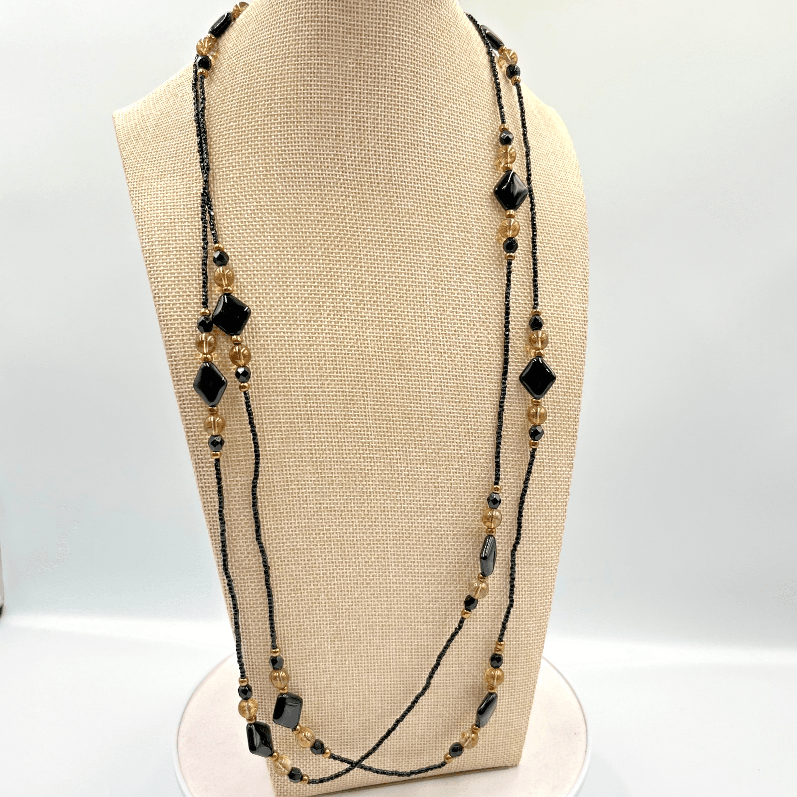 Vintage Retro Black and Amber Toned Beaded Long Strand Layering Necklace Y2K