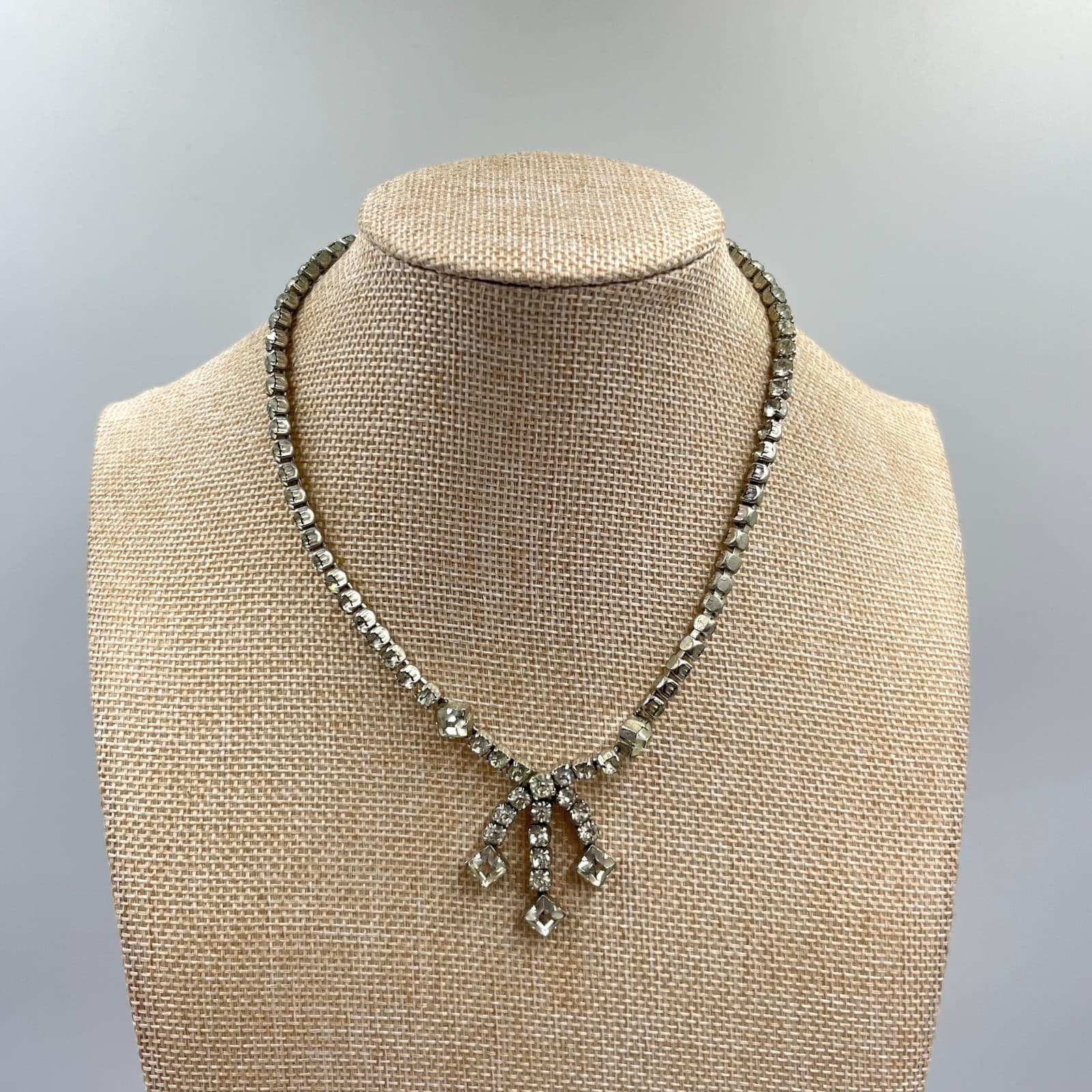 Vintage MCM Rhinestone Fringe Choker Necklace Silver Tone Art Deco Style Classic