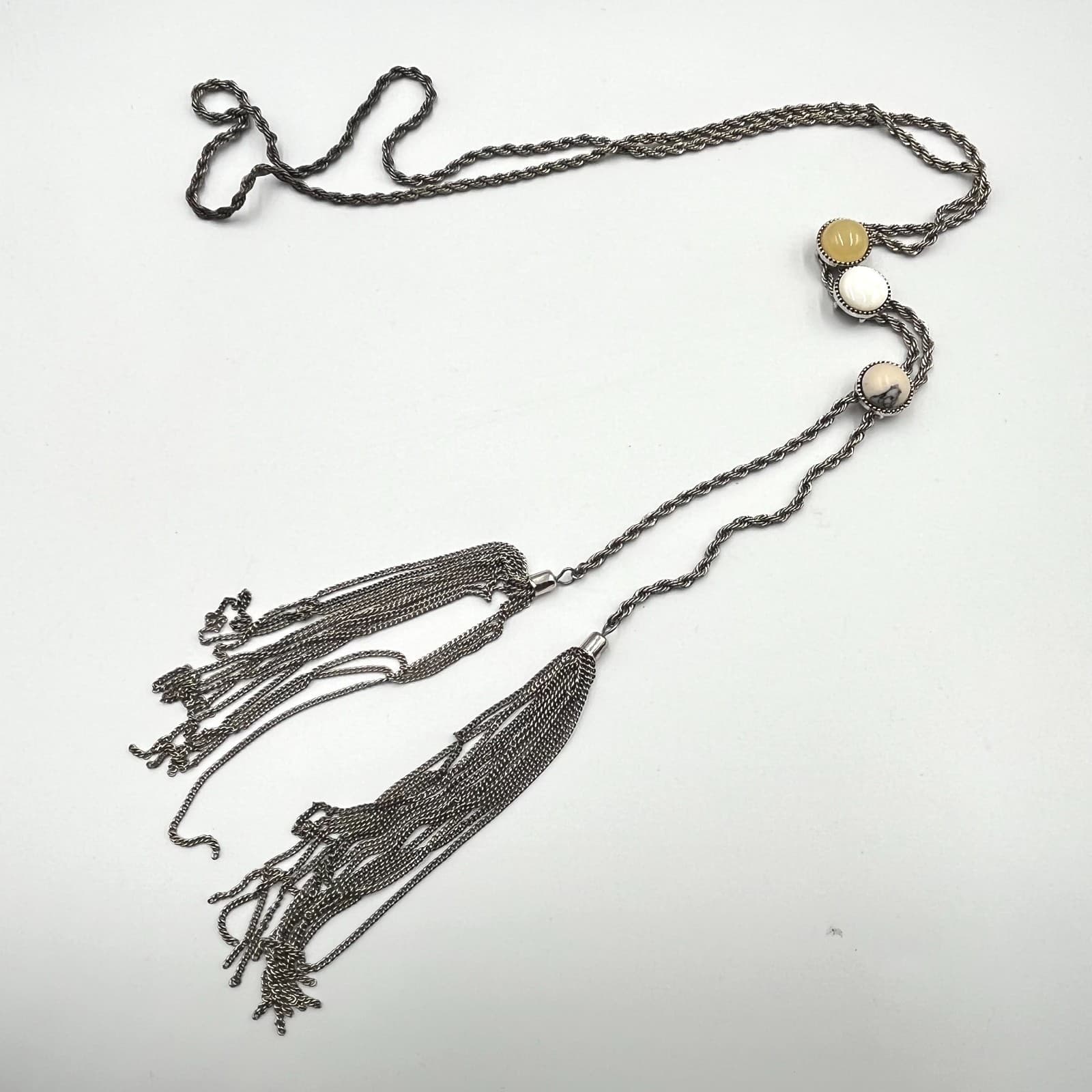 Vintage Retro Silver Tone Rope Chain Tassel Lariat Necklace Earth Tone Stones