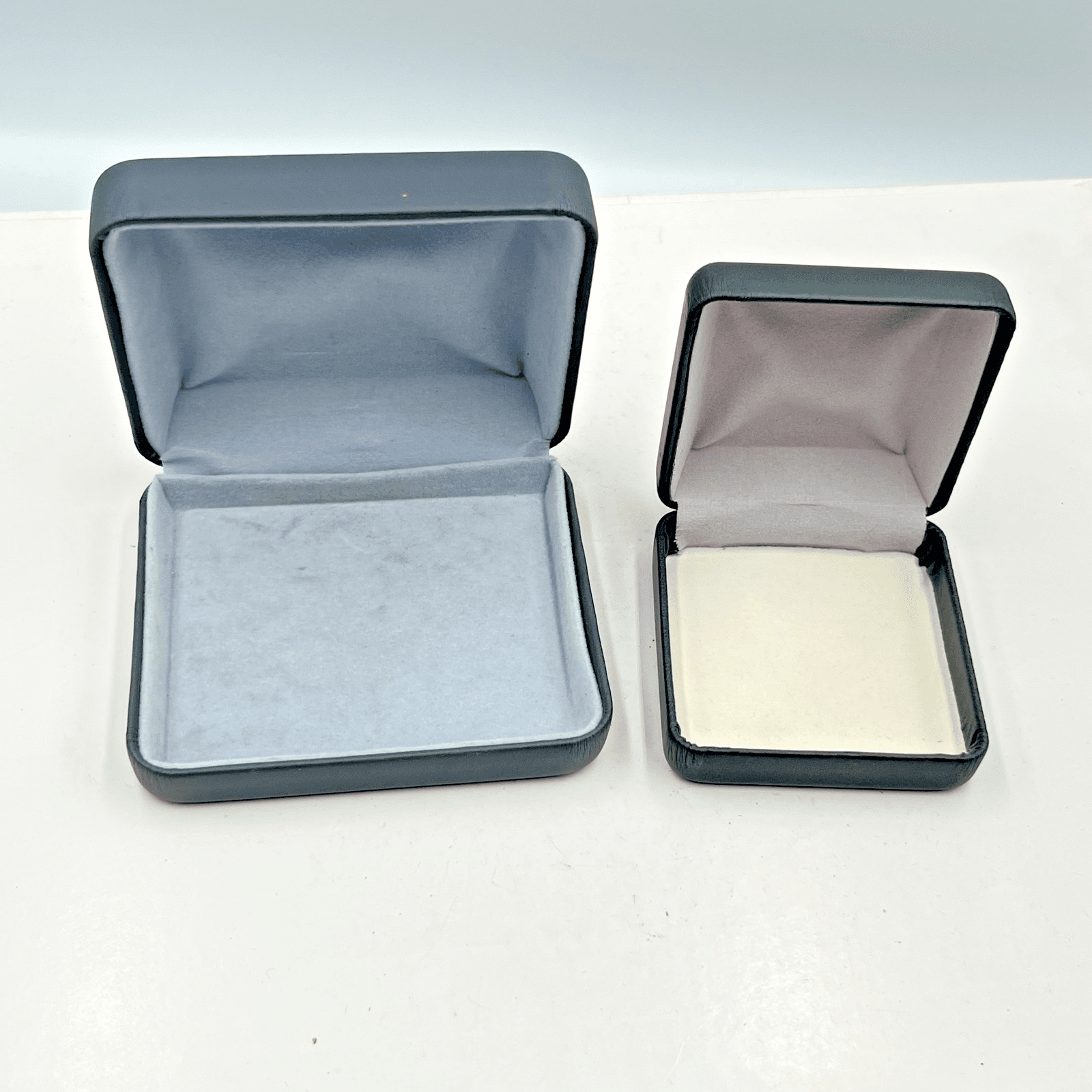 Vintage Set of 2 Black Faux Leather Jewelry Boxes Clamshell Display Cases Retro