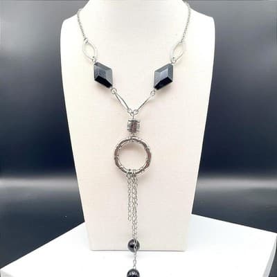Vintage Silver Tone Black Bead Geometric Pendant Necklace Y2K Statement