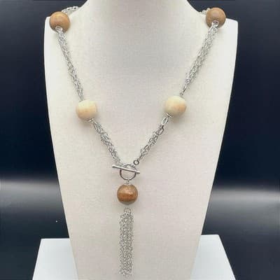 Vintage Silver Tone Chain & Wood Bead Tassel Necklace Boho Statement