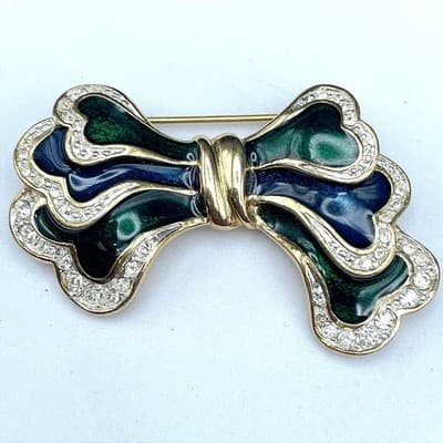 Vintage Gold Tone Enamel Bow Brooch Green Blue Rhinestone Trim
