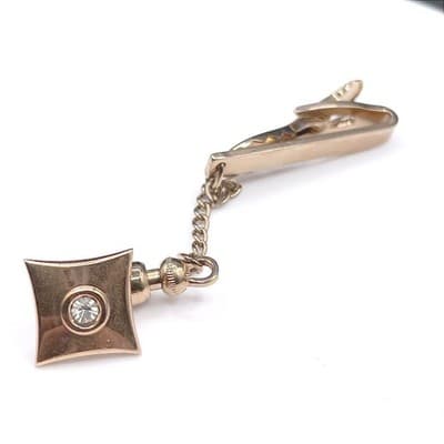 Vintage Gold Tone Dangling Fob Jockey Tie Clip Pin Rhinestone Accent Tie Bar