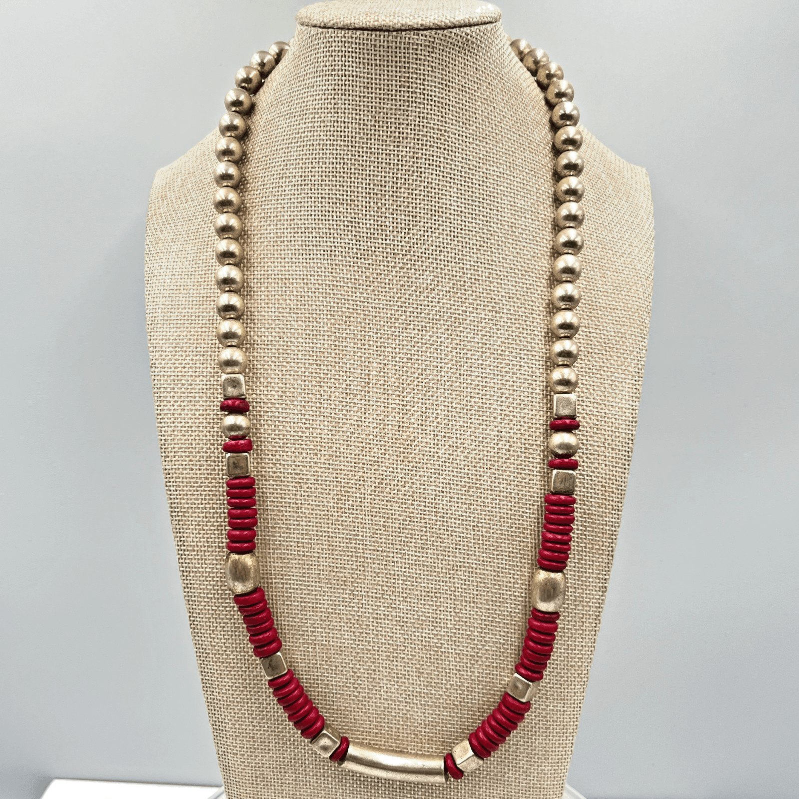 Vintage Southwestern Gold Tone Bead & Red Disc Heishi Statement Necklace Classic