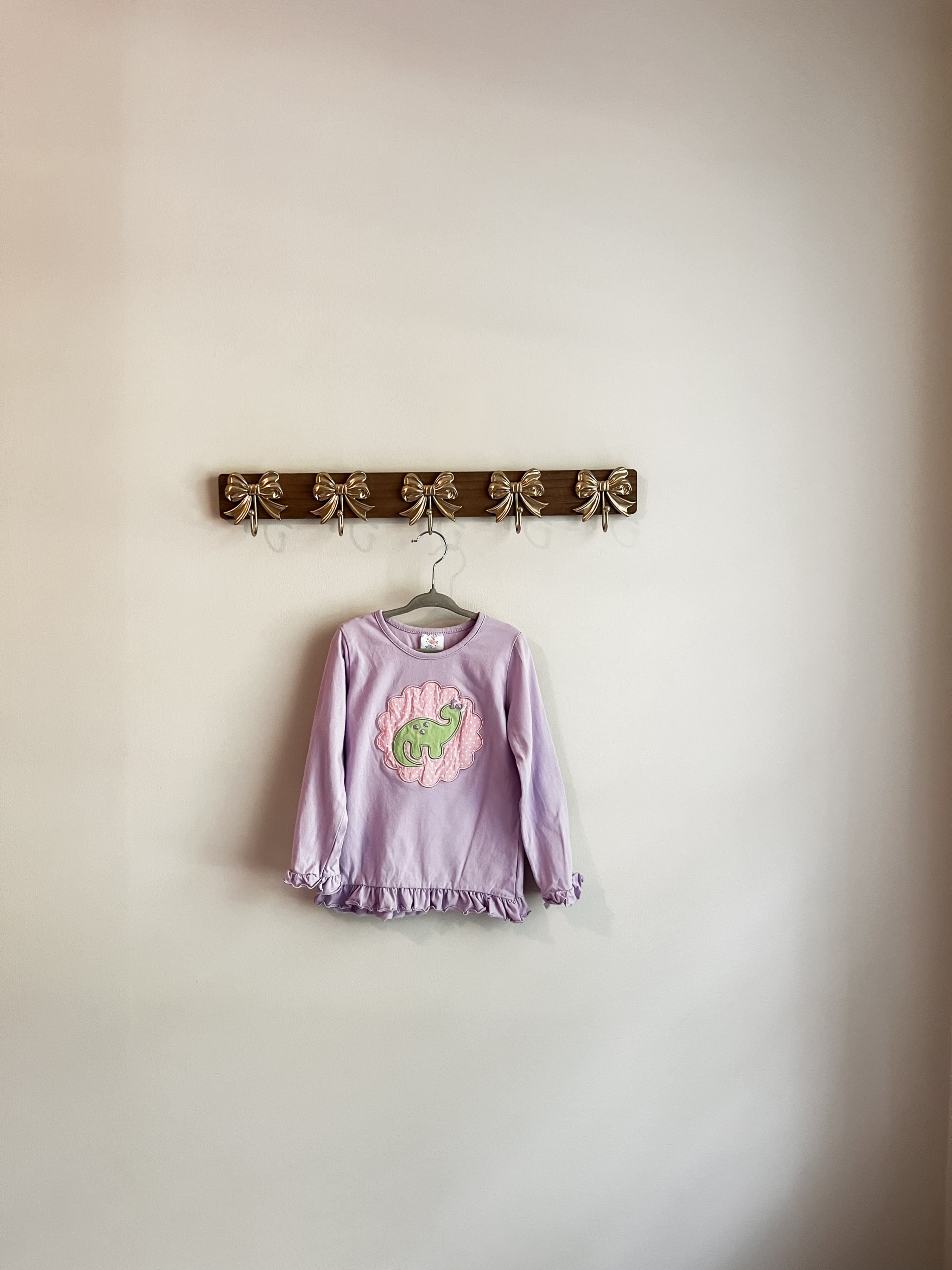 Stitchy Fish Girls size 5 Long Sleeve Dinosaur appliqué Top with Ruffle Hem