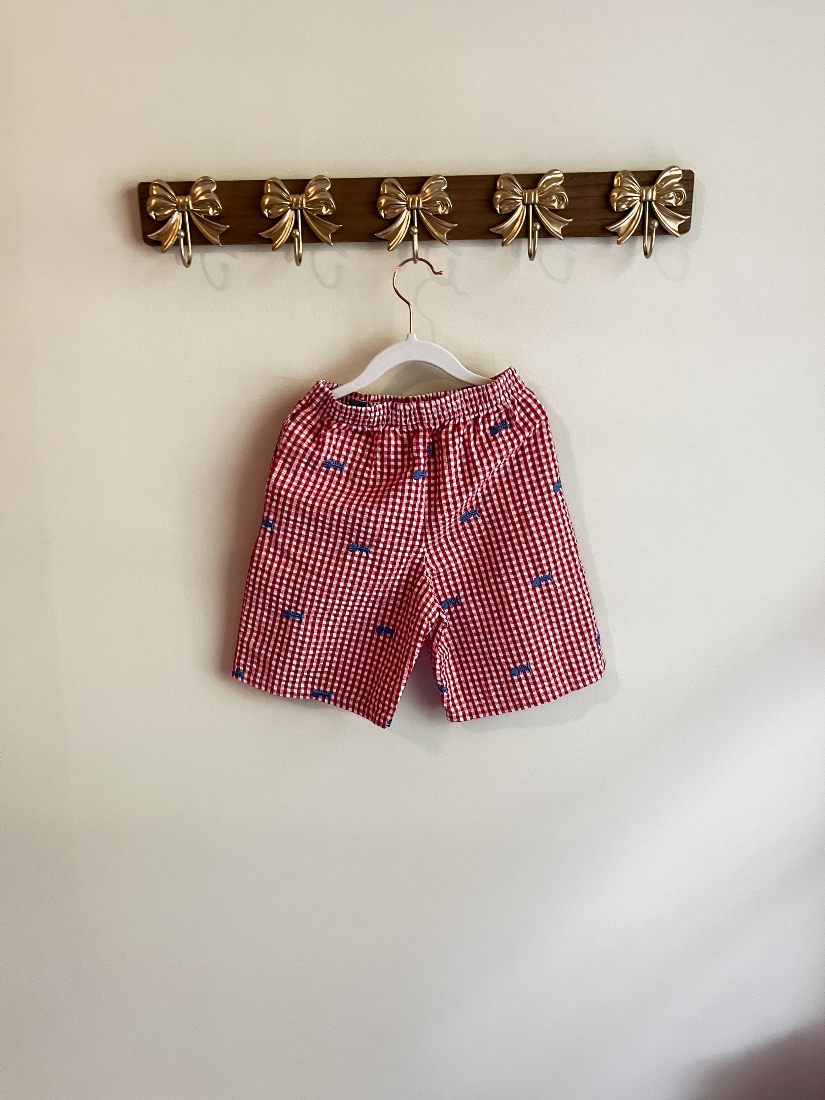 Kelly's Kids boys size 3-4 years Red Gingham Shorts with Blue bone fish Embroidery