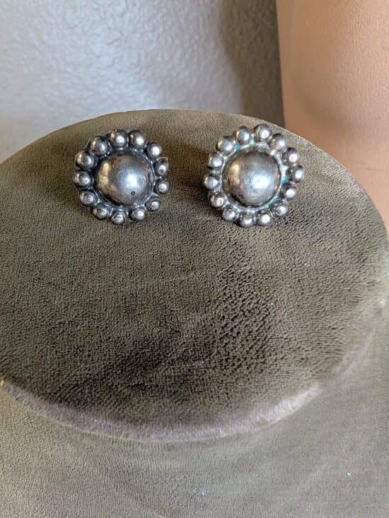 Vintage Silver Screw Back Earrings Round Sun Burst Stamped Mexico