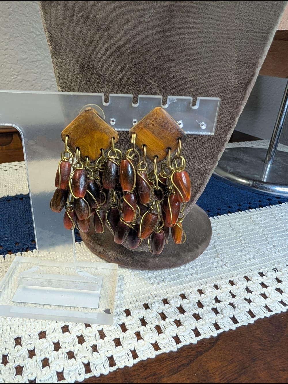 Chunky Wooden Bohemian Style Dangle Earrings With Brown Bakelite Beads