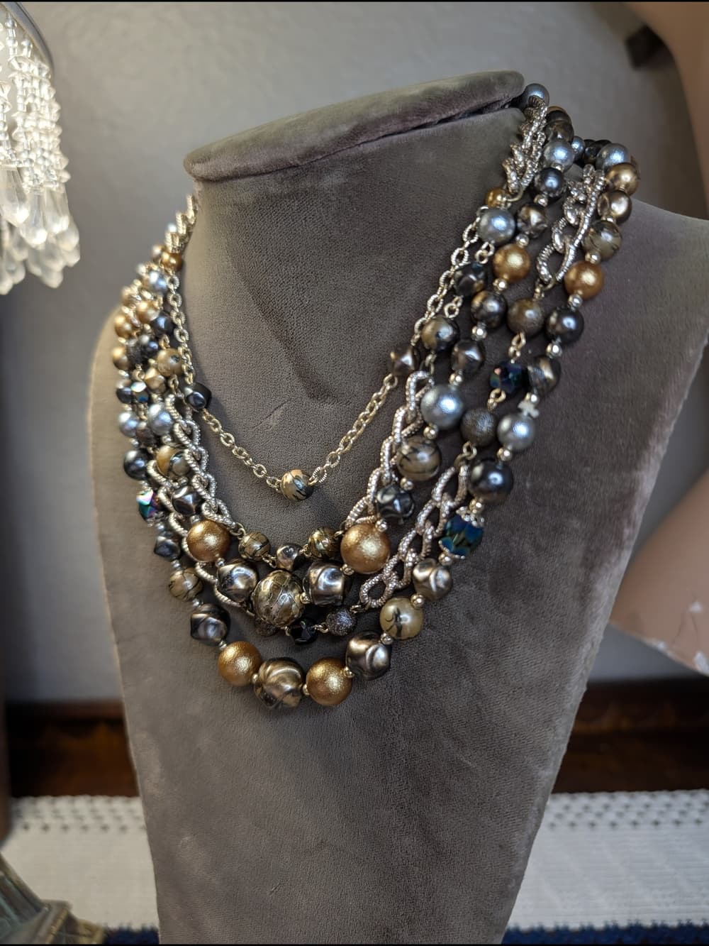 Vintage Japan? Multi-Strand Gold Tone Faux Pearl Beaded Statement Necklace