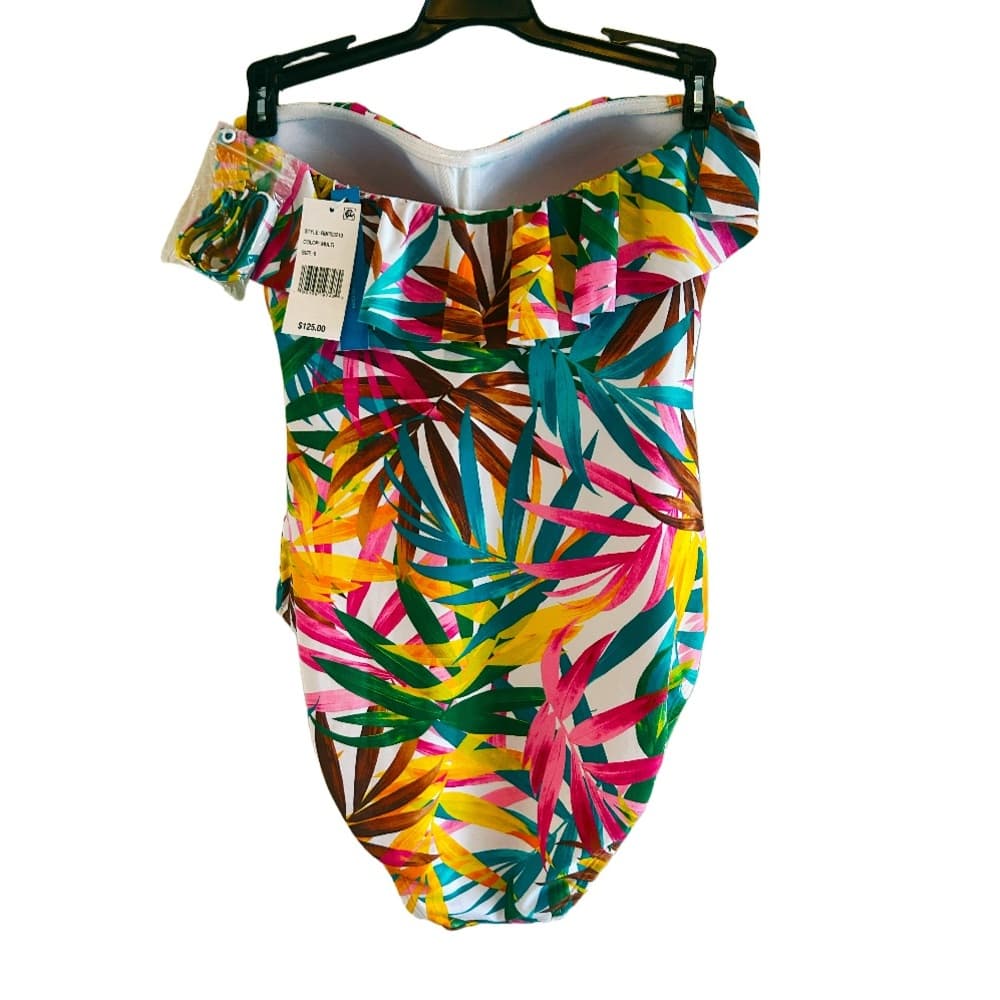 Bleu Rod Beattie Fantasy Island Floral Print Bandeau Ruffled One Piece Small