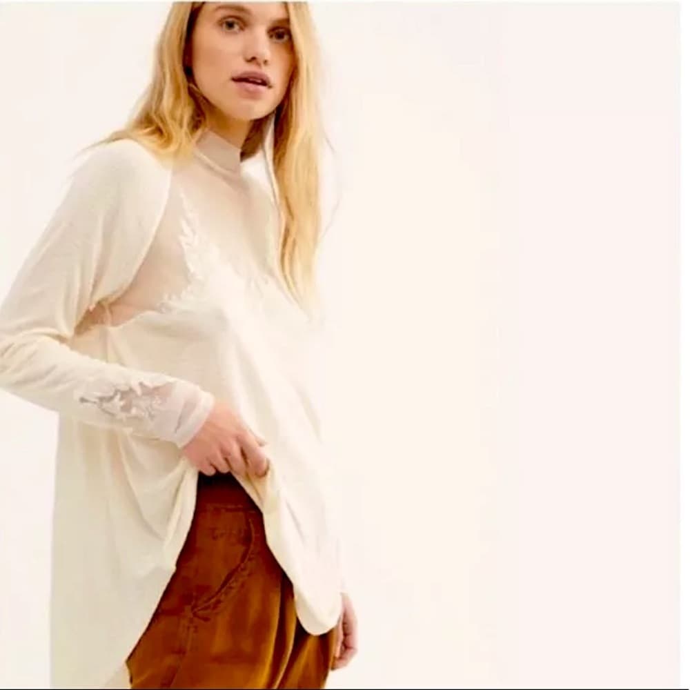 Free People Lace Mock Neck Embroidered Blouse