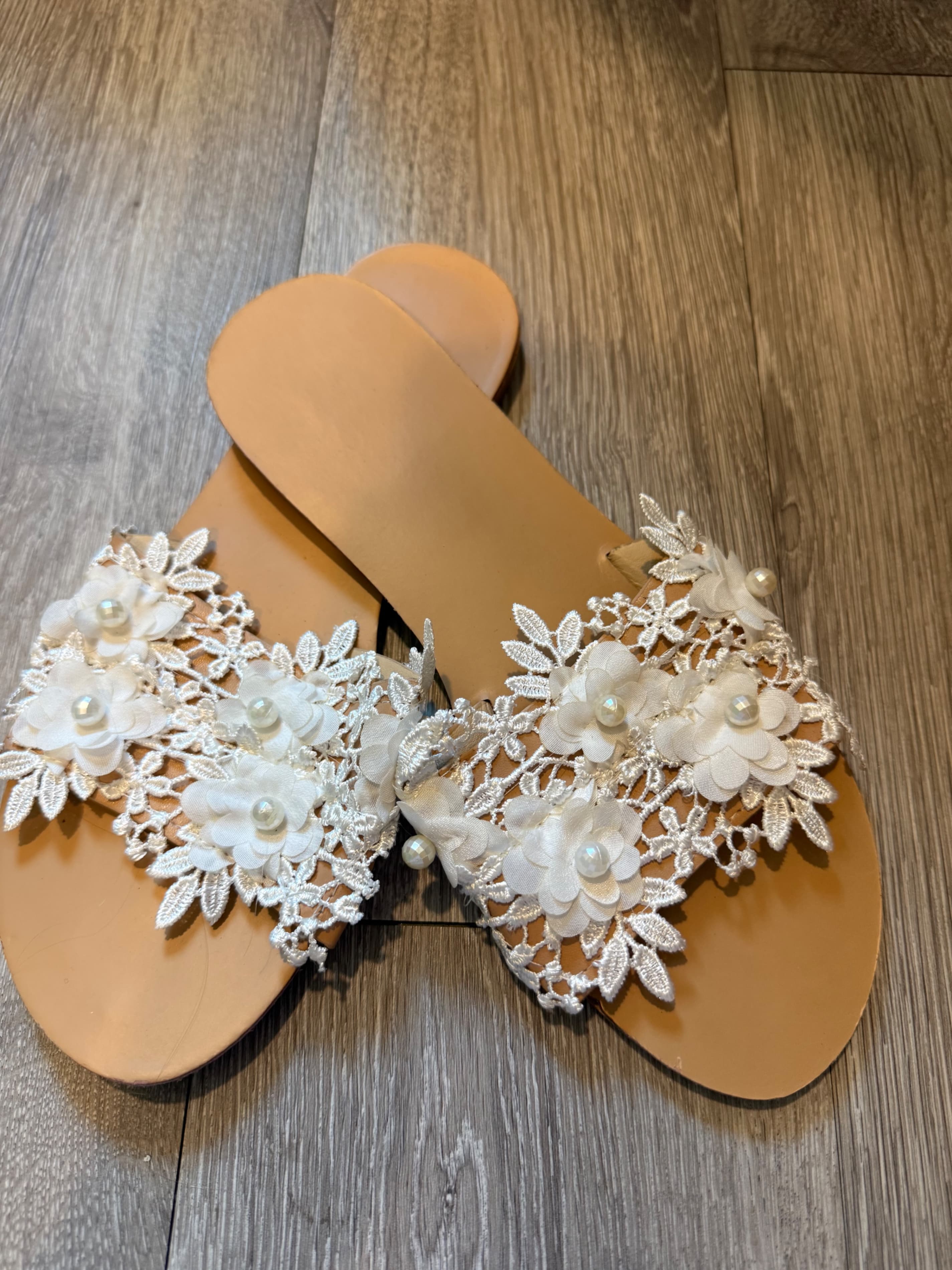 Floral Lace Slide Sandals with Pearl Accents