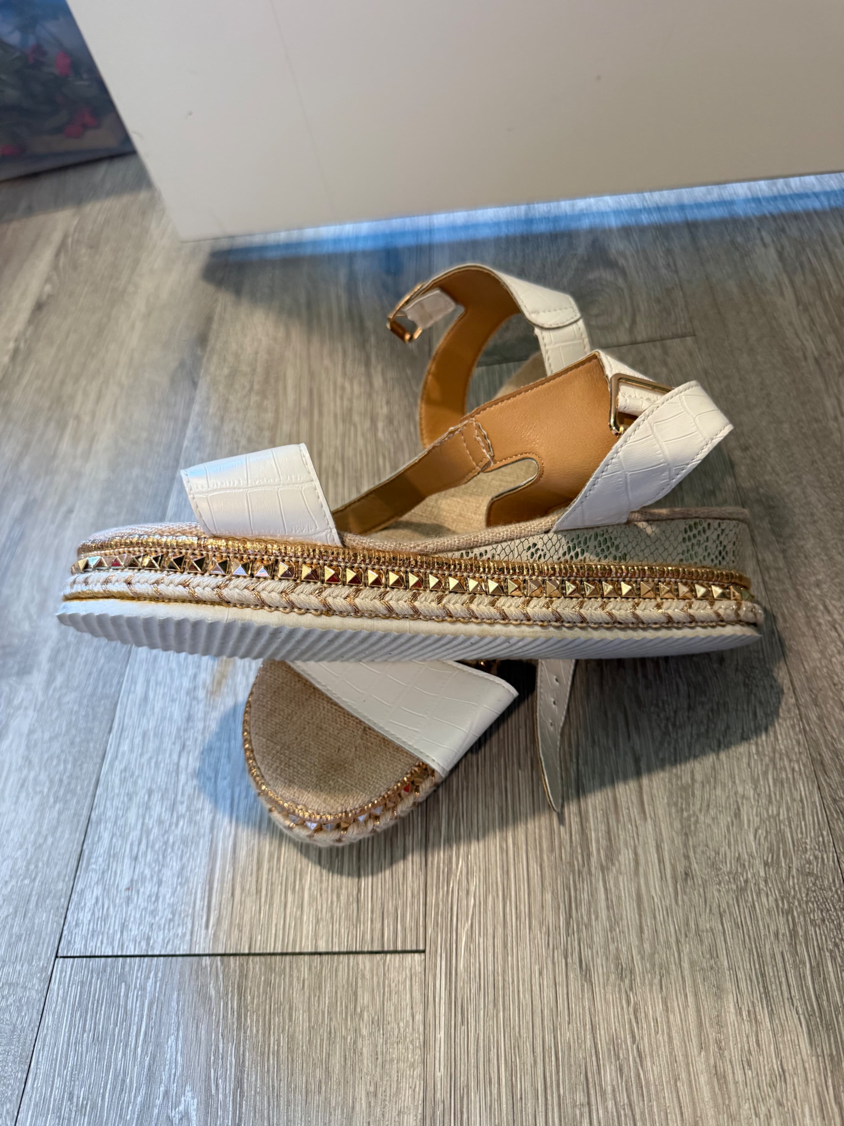 White Croc-Embossed Platform Sandals with Studded Trim
