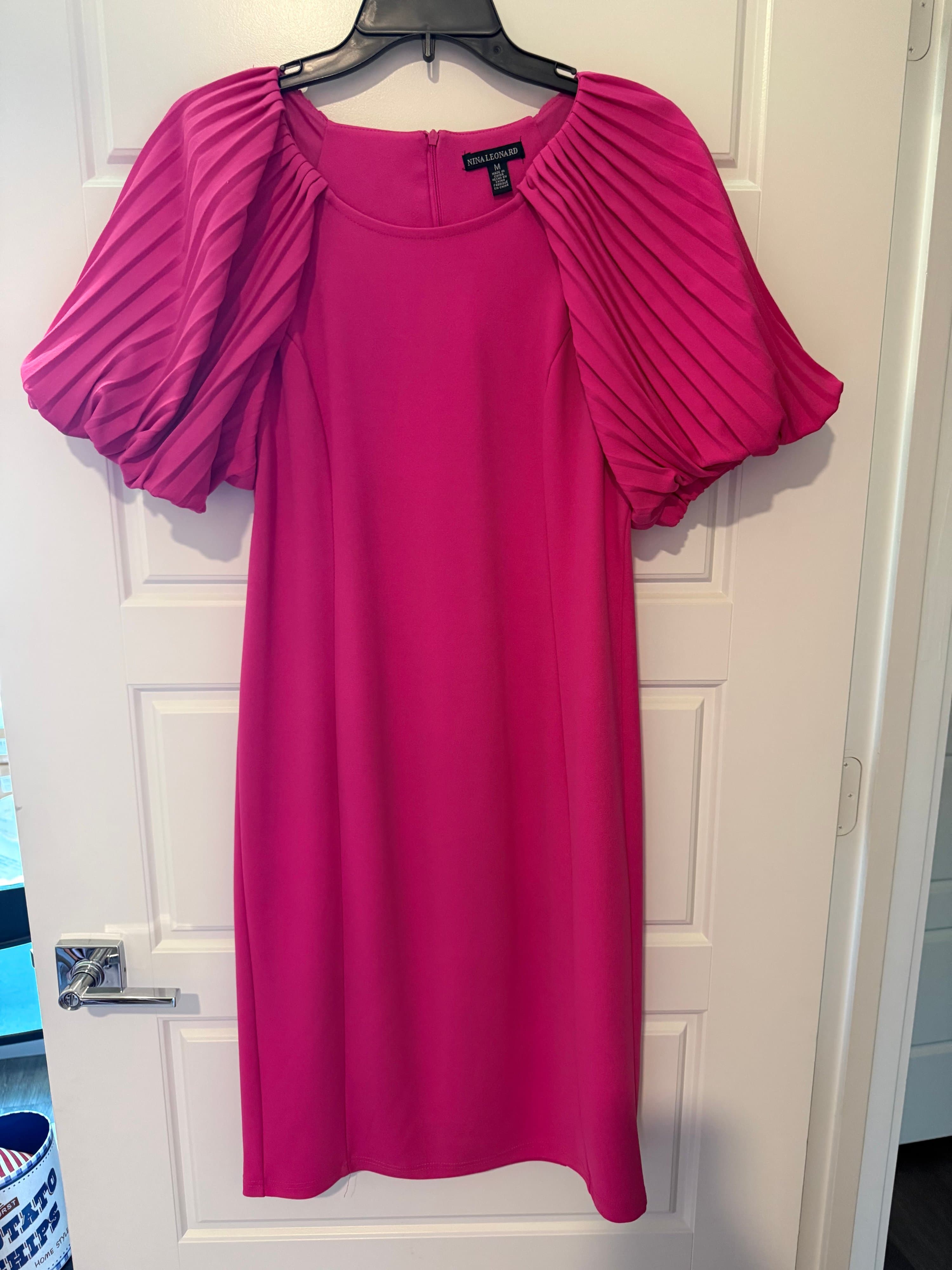 Nina Leonard Pink Pleated Sleeve Dress Size M