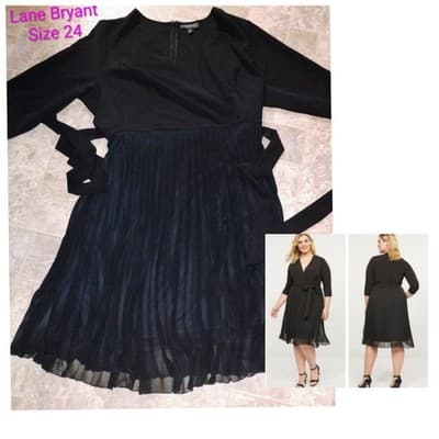 NWOT Lane Bryant Black Pleated Chiffon Fit & Flare Dress 3/4 Sleeve Plus 24