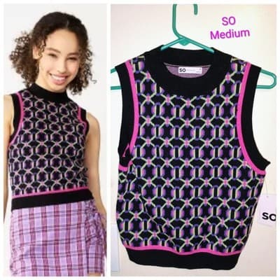 SO Geometric Knit Sleeveless Tank Top Sweater Vest Y2K Retro Groovy
