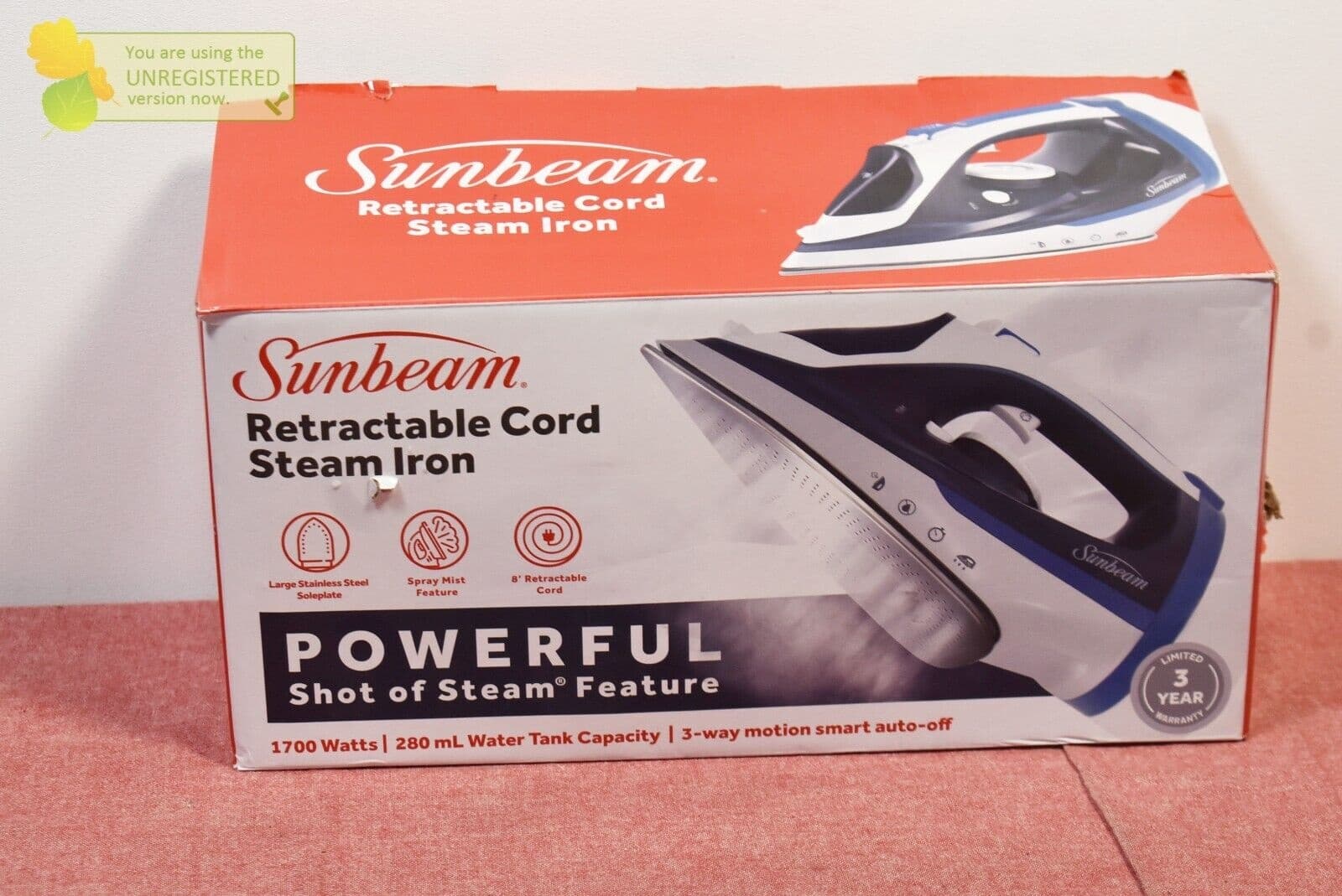 Sunbeam 1700W Steam Iron with Retractable Cord and Shot of Steam Feature