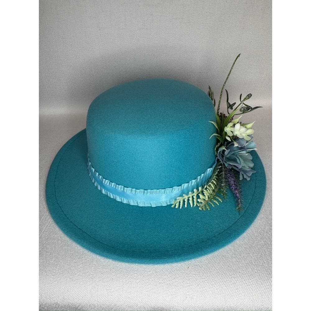 450. Teal Floral Derby Boater Hat Wide Brim One Size