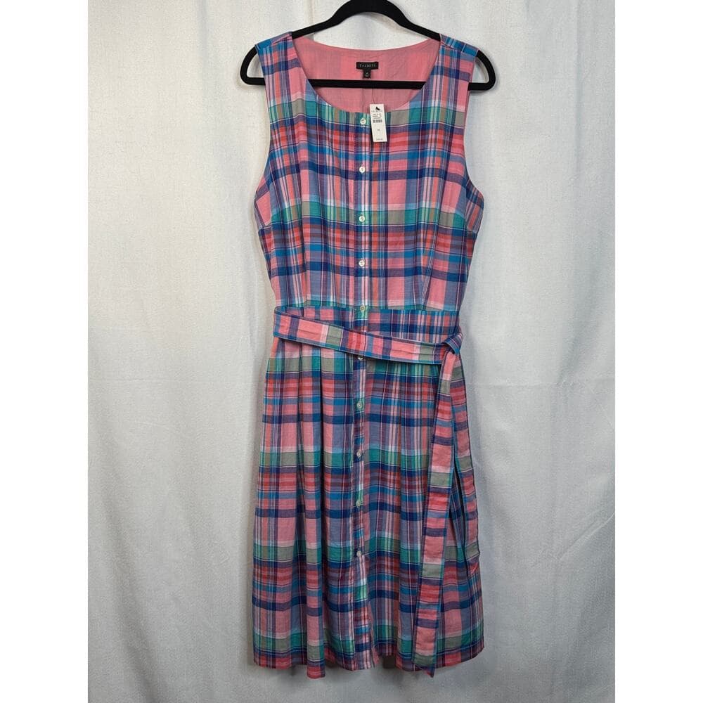 354. NWT Talbots Pink Blue Plaid Sleeveless Belted Dress Size 14