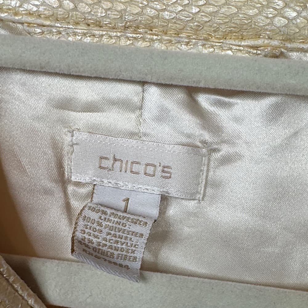 156. Chico’s Gold Faux Leather Moto Jacket Size 1
