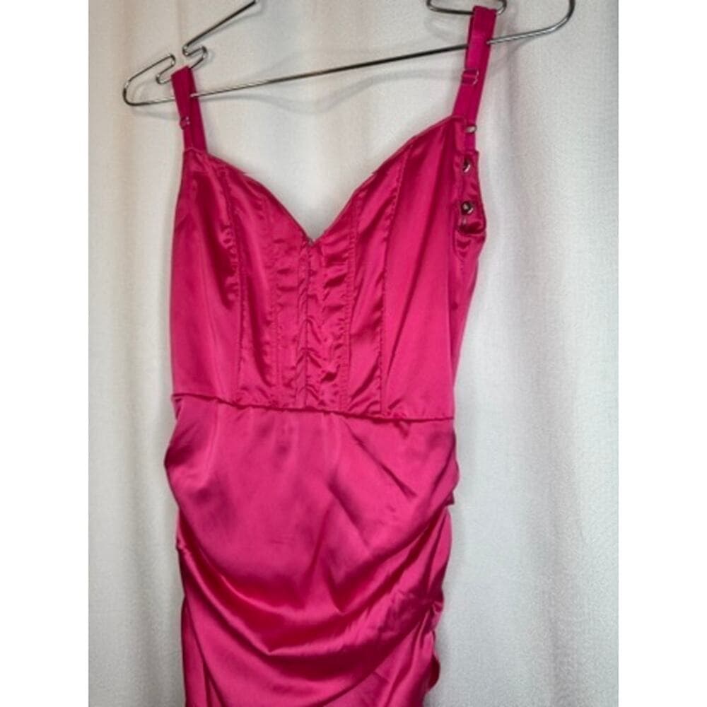375. Sugar Thrillz Hot Pink Satin Ruched Bodycon Mini Dress Size XXS
