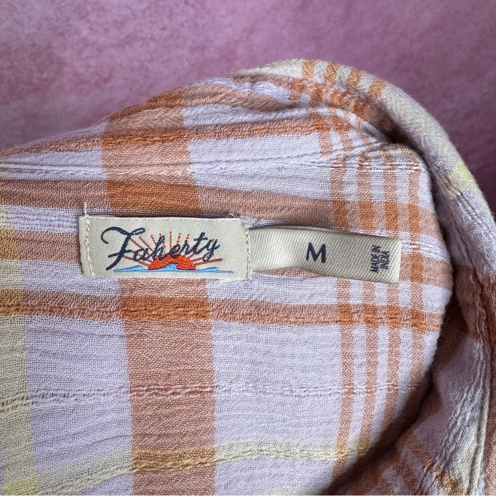 211. Faherty Plaid Button Henley Blouse Top Orange Yellow White M