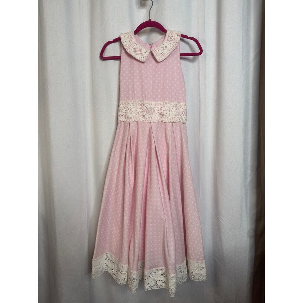 346. Beautiful Handmade Pink Polka Dot Lace Trim Dress